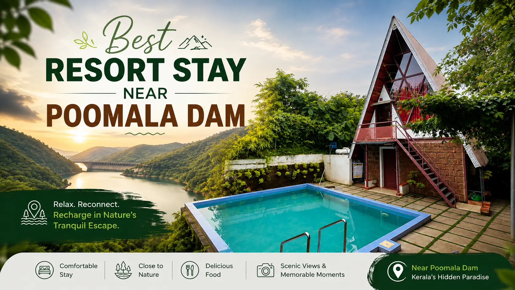Best resort stay near Poomala Dam featuring a scenic turquoise swimming pool, A-frame cottage, lush greenery, and peaceful Kerala landscape.